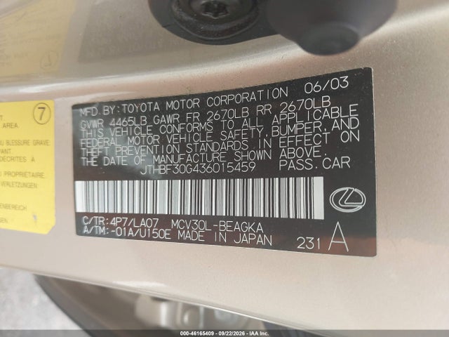 Продаж на аукціоні авто 2003 Lexus Es 300, vin: JTHBF30G436015459, номер лоту: 46165409