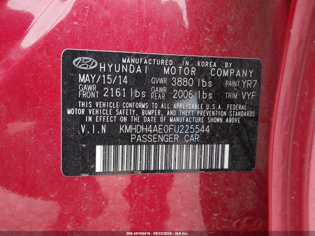 2015 Hyundai Elantra Se მანქანა იყიდება აუქციონზე, vin: KMHDH4AE0FU225544, აუქციონის ნომერი: 46165416