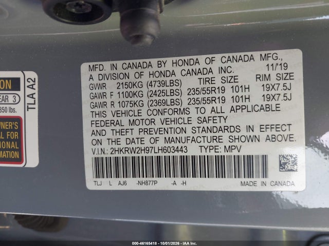 Aukcja sprzedaży 2020 Honda Cr-v Awd Touring, vin: 2HKRW2H97LH603443, numer aukcji: 46165418