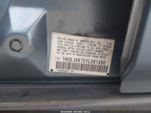 Aukcja sprzedaży 2000 Honda Civic Lx, vin: 1HGEJ6675YL061480, numer aukcji: 46165426
