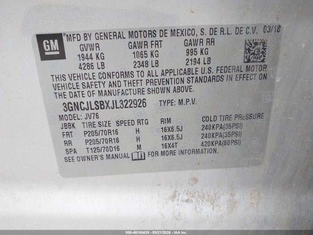 Продаж на аукціоні авто 2018 Chevrolet Trax Lt, vin: 3GNCJLSBXJL322926, номер лоту: 46165430