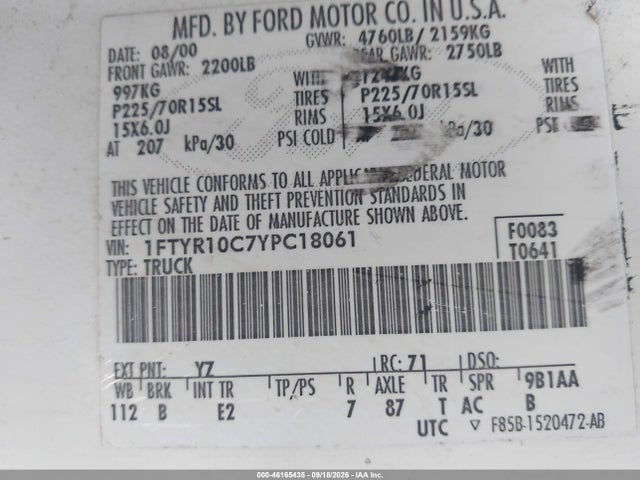 Продаж на аукціоні авто 2000 Ford Ranger Xl/xlt, vin: 1FTYR10C7YPC18061, номер лоту: 46165435