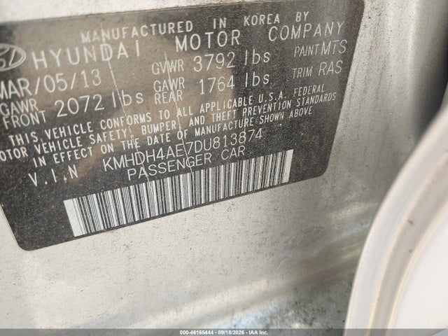 46165444 :رقم المزاد ، KMHDH4AE7DU813874 vin ، 2013 Hyundai Elantra Gls مزاد بيع