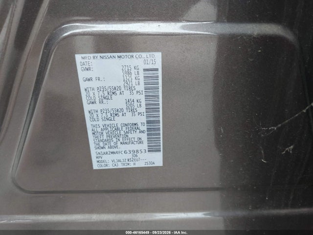 46165449 :رقم المزاد ، 5N1AR2MN4FC639853 vin ، 2015 Nissan Pathfinder Platinum مزاد بيع
