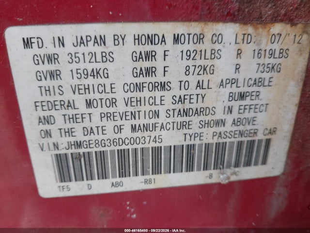 2013 Honda Fit მანქანა იყიდება აუქციონზე, vin: JHMGE8G36DC003745, აუქციონის ნომერი: 46165480