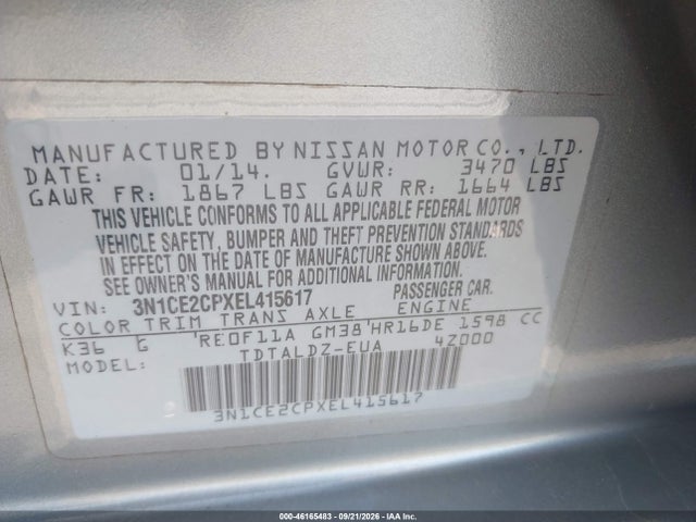 46165483 :رقم المزاد ، 3N1CE2CPXEL415617 vin ، 2014 Nissan Versa Note Sv مزاد بيع
