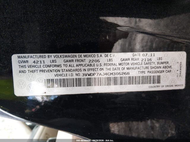 Продажа на аукционе авто 2012 Volkswagen Jetta 2.5l Se, vin: 3VWDP7AJ4CM305268, номер лота: 46165488