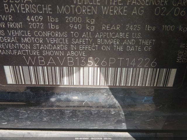 46165491 :رقم المزاد ، WBAVB13526PT14226 vin ، 2006 Bmw 325i مزاد بيع