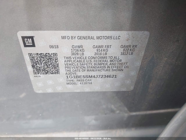 Aukcja sprzedaży 2018 Chevrolet Cruze Lt Auto, vin: 1G1BE5SM4J7234621, numer aukcji: 46165500