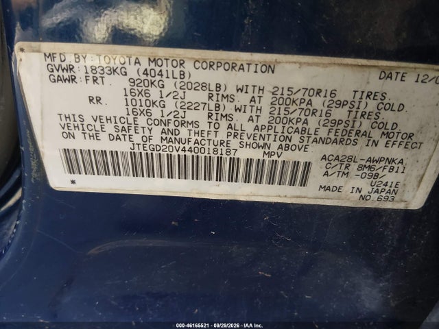 46165521 :رقم المزاد ، JTEGD20V440018187 vin ، 2004 Toyota Rav4 مزاد بيع
