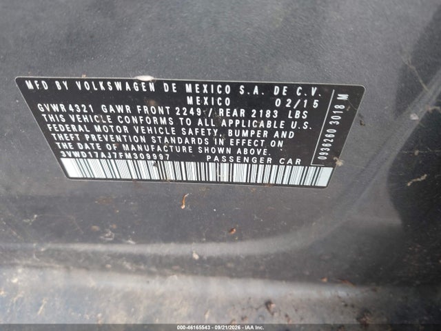 Продаж на аукціоні авто 2015 Volkswagen Jetta 1.8t Se, vin: 3VWD17AJ7FM309997, номер лоту: 46165543