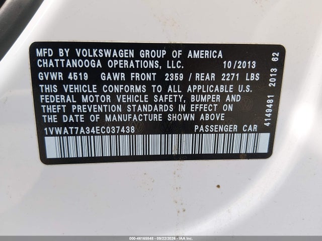 2014 Volkswagen Passat 1.8t Wolfsburg Edition მანქანა იყიდება აუქციონზე, vin: 1VWAT7A34EC037438, აუქციონის ნომერი: 46165548