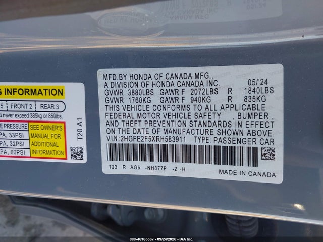 2024 Honda Civic Sport მანქანა იყიდება აუქციონზე, vin: 2HGFE2F5XRH583911, აუქციონის ნომერი: 46165567