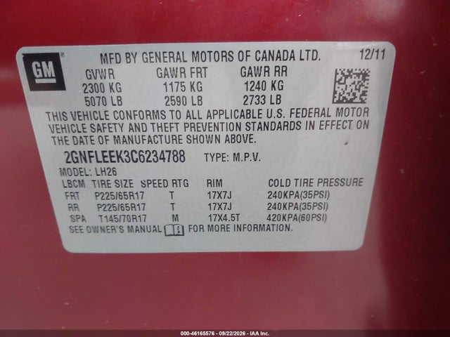 Aukcja sprzedaży 2012 Chevrolet Equinox 1lt, vin: 2GNFLEEK3C6234788, numer aukcji: 46165576