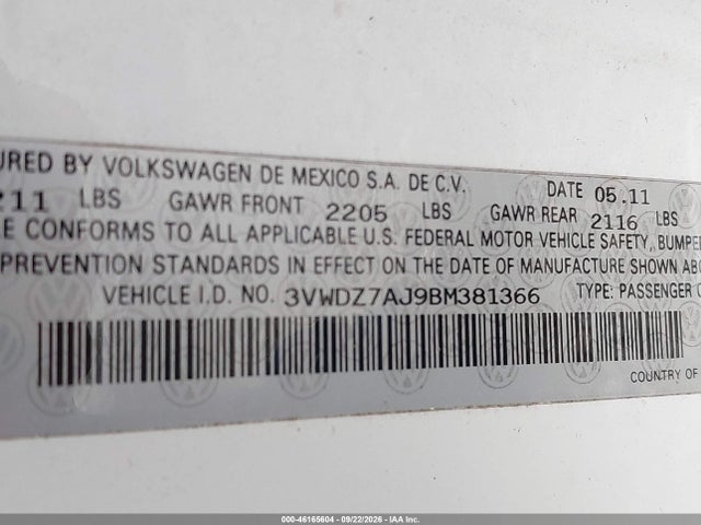 2011 Volkswagen Jetta 2.5l Se მანქანა იყიდება აუქციონზე, vin: 3VWDZ7AJ9BM381366, აუქციონის ნომერი: 46165604