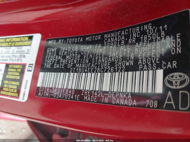 46165633 :رقم المزاد ، 2T1BU4EE2BC726122 vin ، 2011 Toyota Corolla Le مزاد بيع