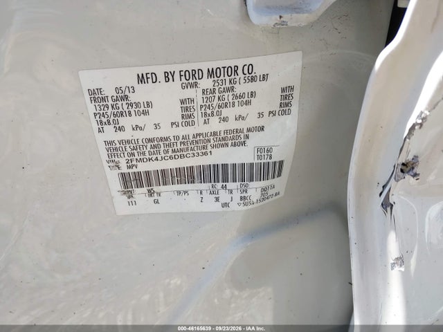46165639 :رقم المزاد ، 2FMDK4JC6DBC33361 vin ، 2013 Ford Edge Sel مزاد بيع