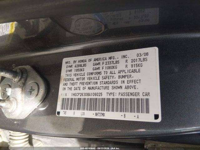 2008 Honda Accord 2.4 Lx მანქანა იყიდება აუქციონზე, vin: 1HGCP26308A106025, აუქციონის ნომერი: 46165645