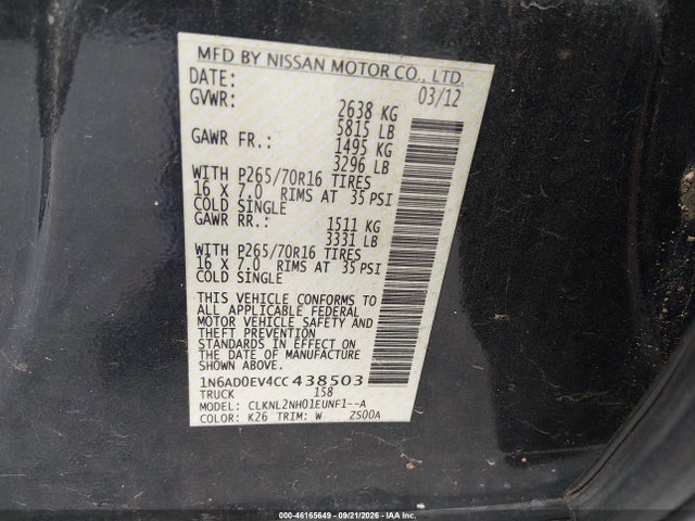 Продаж на аукціоні авто 2012 Nissan Frontier Sv, vin: 1N6AD0EV4CC438503, номер лоту: 46165649