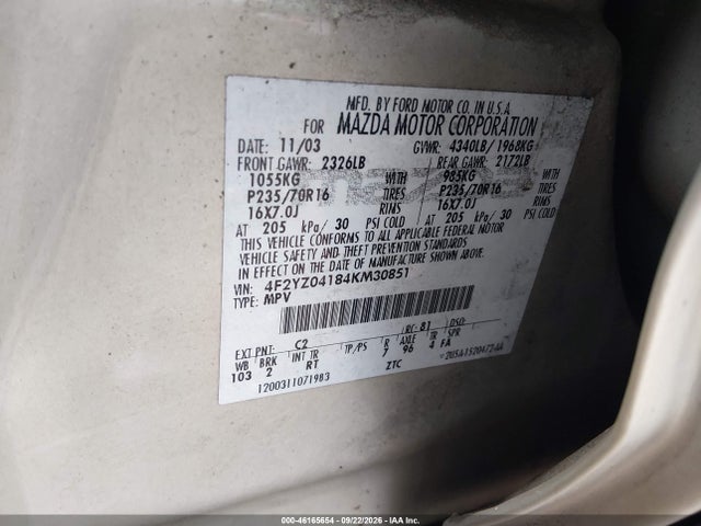 2004 Mazda Tribute Lx V6 მანქანა იყიდება აუქციონზე, vin: 4F2YZ04184KM30851, აუქციონის ნომერი: 46165654