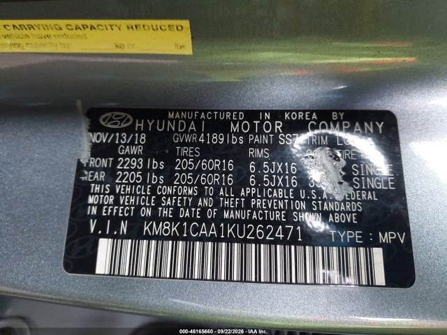 Aukcja sprzedaży 2019 Hyundai Kona Se, vin: KM8K1CAA1KU262471, numer aukcji: 46165660