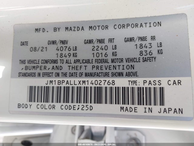 Aukcja sprzedaży 2021 Mazda Mazda3 Preferred, vin: JM1BPALLXM1402768, numer aukcji: 46165678