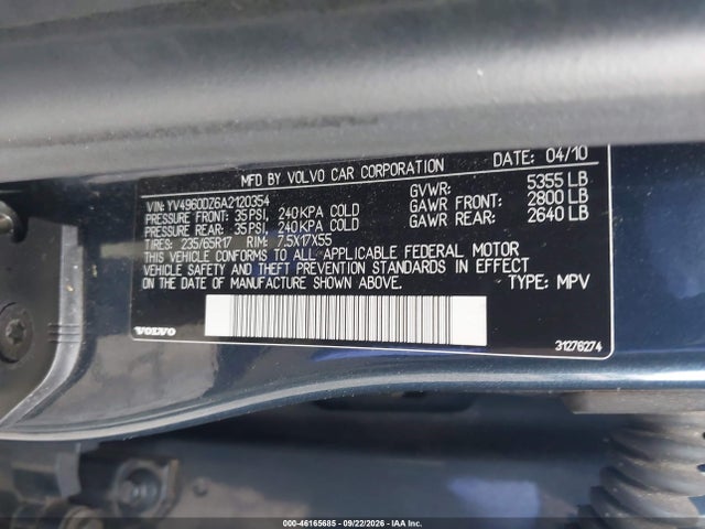 46165685 :رقم المزاد ، YV4960DZ6A2120354 vin ، 2010 Volvo Xc60 3.2 مزاد بيع
