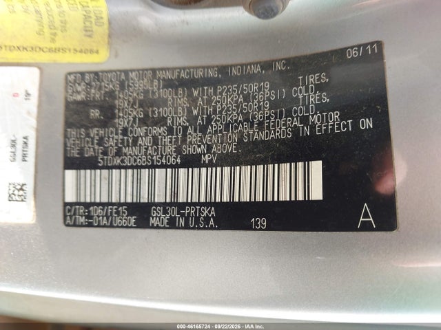 46165724 :رقم المزاد ، 5TDXK3DC6BS154064 vin ، 2011 Toyota Sienna Se مزاد بيع