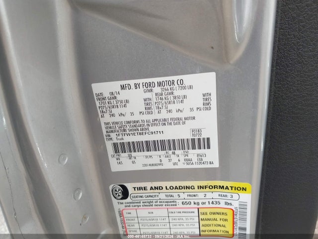 46165733 :رقم المزاد ، 1FTFW1ET8EFC91711 vin ، 2014 Ford F-150 Xlt مزاد بيع