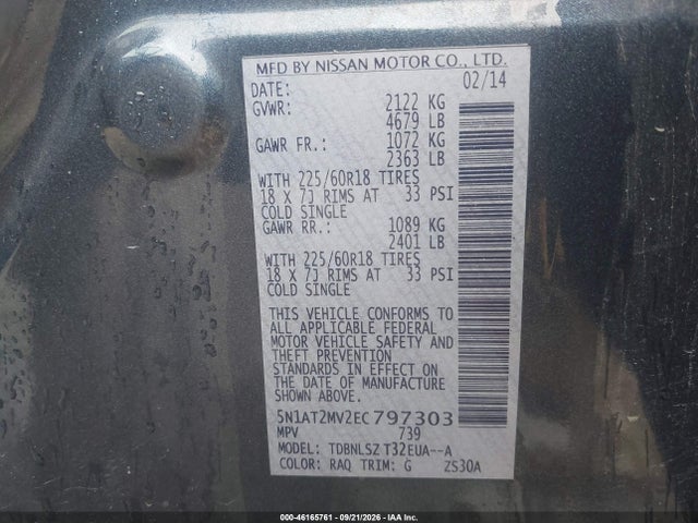 46165761 :رقم المزاد ، 5N1AT2MV2EC797303 vin ، 2014 Nissan Rogue Sl مزاد بيع