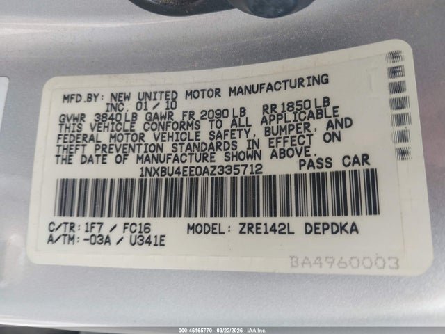 Aukcja sprzedaży 2010 Toyota Corolla Le, vin: 1NXBU4EE0AZ335712, numer aukcji: 46165770