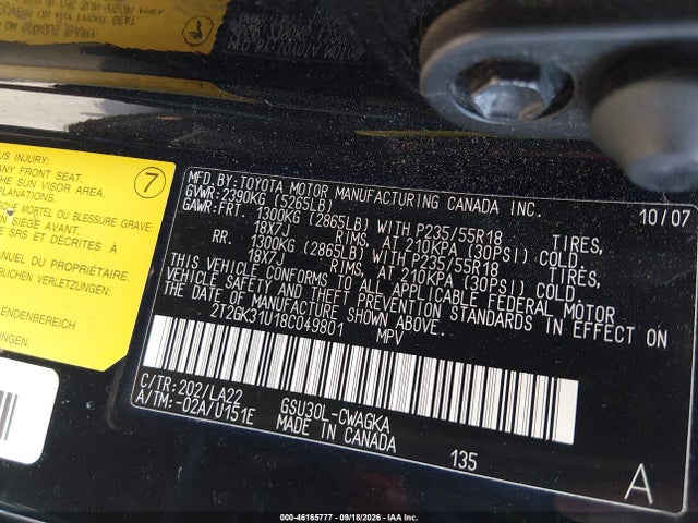 Aukcja sprzedaży 2008 Lexus Rx 350, vin: 2T2GK31U18C049801, numer aukcji: 46165777