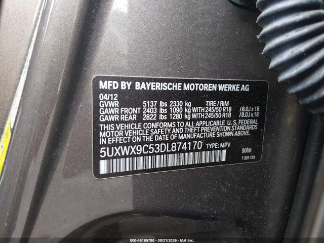 Продаж на аукціоні авто 2013 Bmw X3 Xdrive28i, vin: 5UXWX9C53DL874170, номер лоту: 46165780