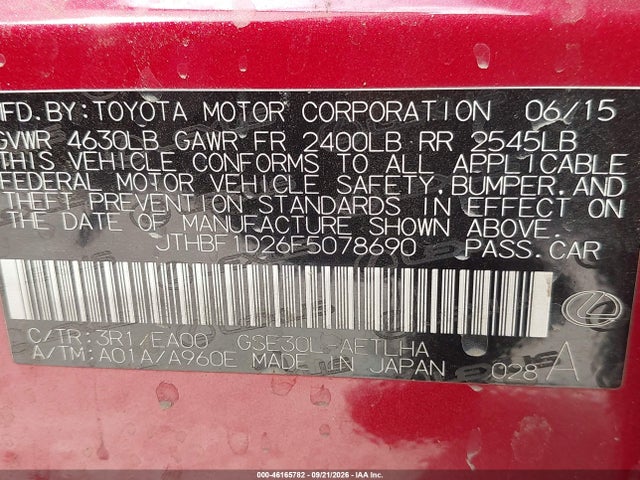 Aukcja sprzedaży 2015 Lexus Is 250, vin: JTHBF1D26F5078690, numer aukcji: 46165782