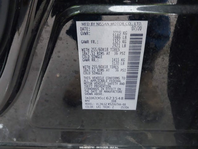46165793 :رقم المزاد ، 5N1DR2CM5LC623548 vin ، 2020 Nissan Pathfinder Sl 4wd مزاد بيع