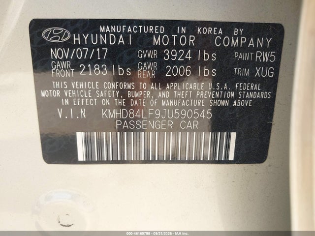 Aukcja sprzedaży 2018 Hyundai Elantra Sel, vin: KMHD84LF9JU590545, numer aukcji: 46165798