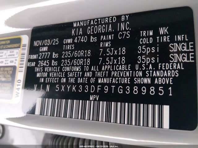 46165802 :رقم المزاد ، 5XYK33DF9TG389851 vin ، 2026 Kia Sportage Ex مزاد بيع