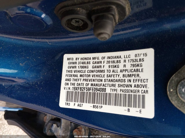 Aukcja sprzedaży 2015 Honda Civic Lx, vin: 19XFB2F59FE094088, numer aukcji: 46165808