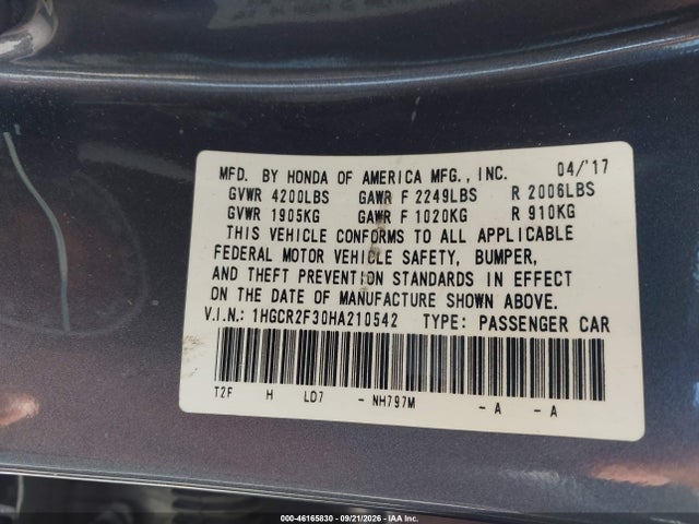 Продаж на аукціоні авто 2017 Honda Accord Lx, vin: 1HGCR2F30HA210542, номер лоту: 46165830