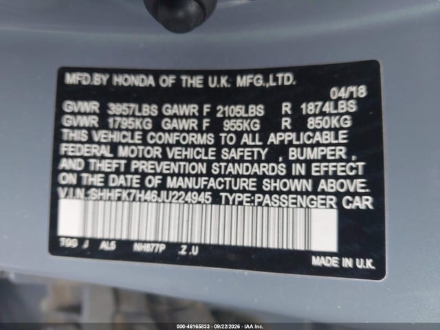Aukcja sprzedaży 2018 Honda Civic Sport, vin: SHHFK7H46JU224945, numer aukcji: 46165833
