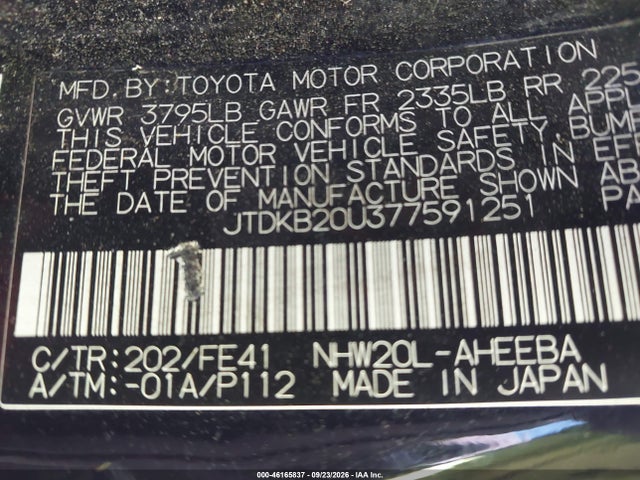 Aukcja sprzedaży 2007 Toyota Prius, vin: JTDKB20U377591251, numer aukcji: 46165837