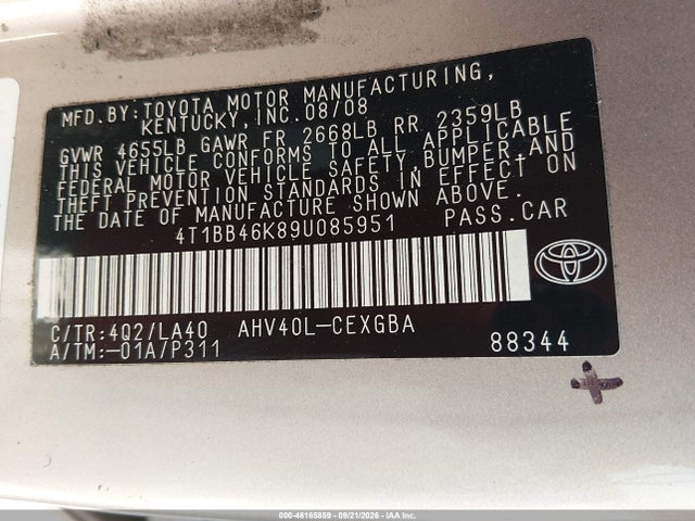 Продажа на аукционе авто 2009 Toyota Camry Hybrid, vin: 4T1BB46K89U085951, номер лота: 46165859