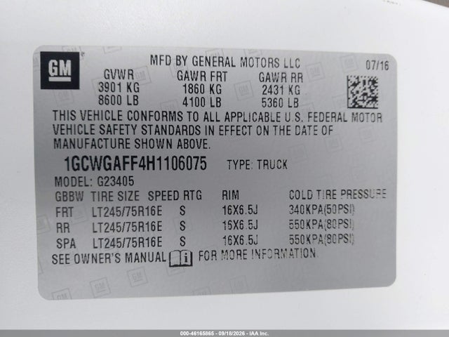 Aukcja sprzedaży 2017 Chevrolet Express 2500 Work Van, vin: 1GCWGAFF4H1106075, numer aukcji: 46165865