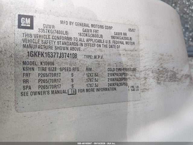 Aukcja sprzedaży 2007 Gmc Yukon Xl 1500 Slt, vin: 1GKFK16377J374108, numer aukcji: 46165867