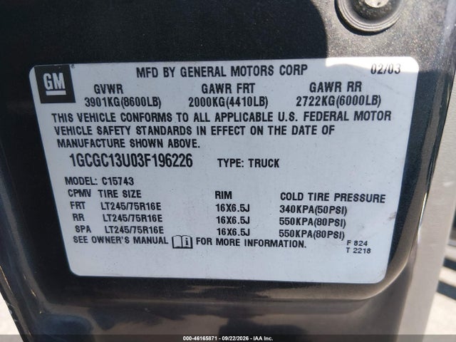46165871 :رقم المزاد ، 1GCGC13U03F196226 vin ، 2003 Chevrolet Silverado 1500hd Ls مزاد بيع
