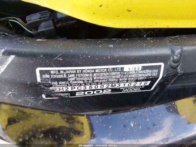 Aukcja sprzedaży 2002 Honda Cbr600 F4, vin: JH2PC35002M310216, numer aukcji: 46165877