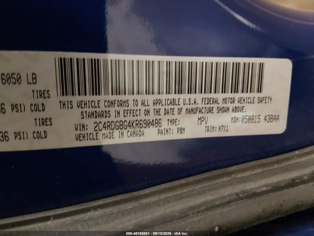 2019 Dodge Grand Caravan Se მანქანა იყიდება აუქციონზე, vin: 2C4RDGBG4KR690486, აუქციონის ნომერი: 46165881
