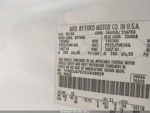 46165893 :رقم المزاد ، 1FMZU67E33UB48829 vin ، 2003 Ford Explorer Sport Trac Xls/xlt مزاد بيع