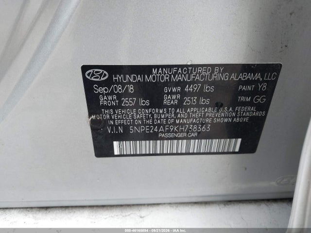 46165894 :رقم المزاد ، 5NPE24AF9KH738363 vin ، 2019 Hyundai Sonata Se مزاد بيع
