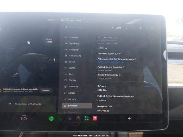 46165896 :رقم المزاد ، 5YJYGAEE1MF304101 vin ، 2021 Tesla Model Y Long Range Dual Motor All-wheel Drive مزاد بيع